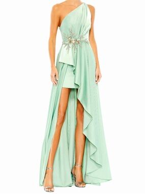 Mac Duggal Mint One-Shoulder High-Low Gown with Embellished Waist